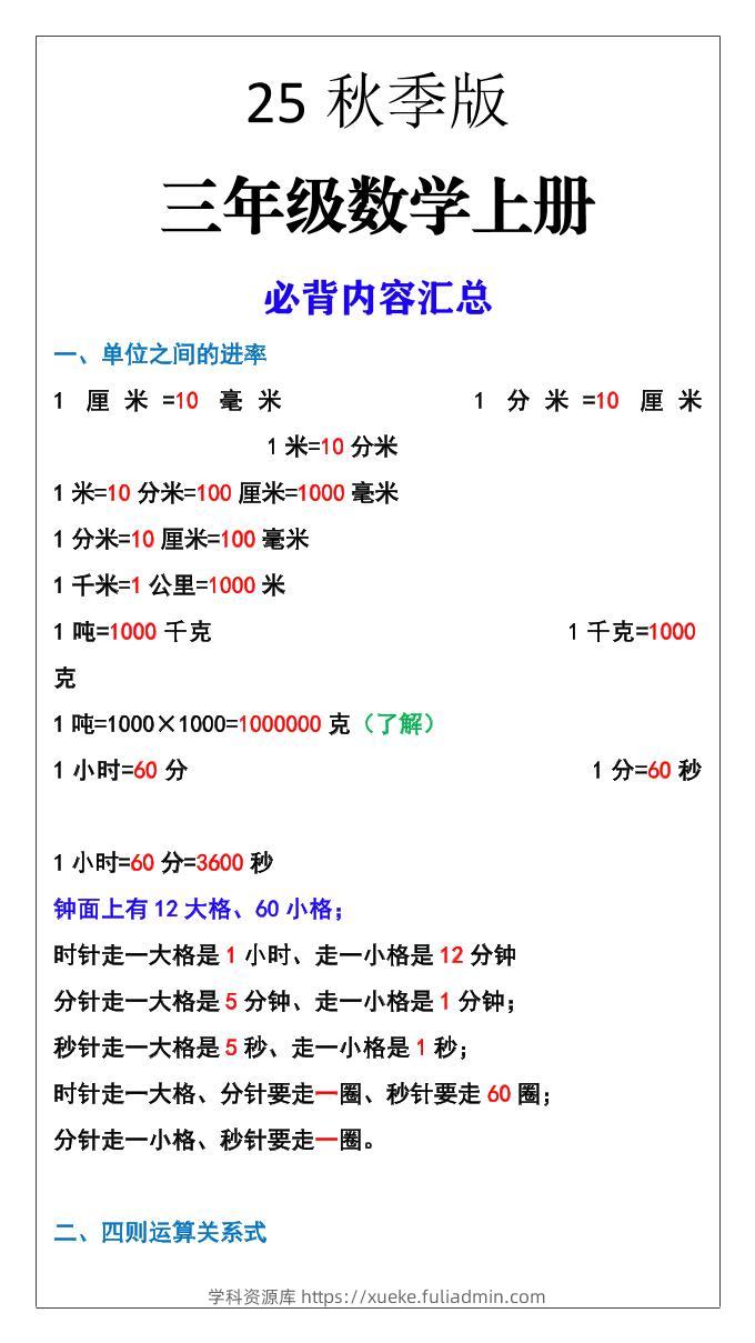 【2025秋新版】三年级数学上册必背内容汇总-学科资源库