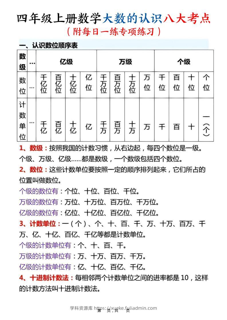 四上数学大数的认识八大考点（附每日一练专项练习）含答案14页-学科资源库