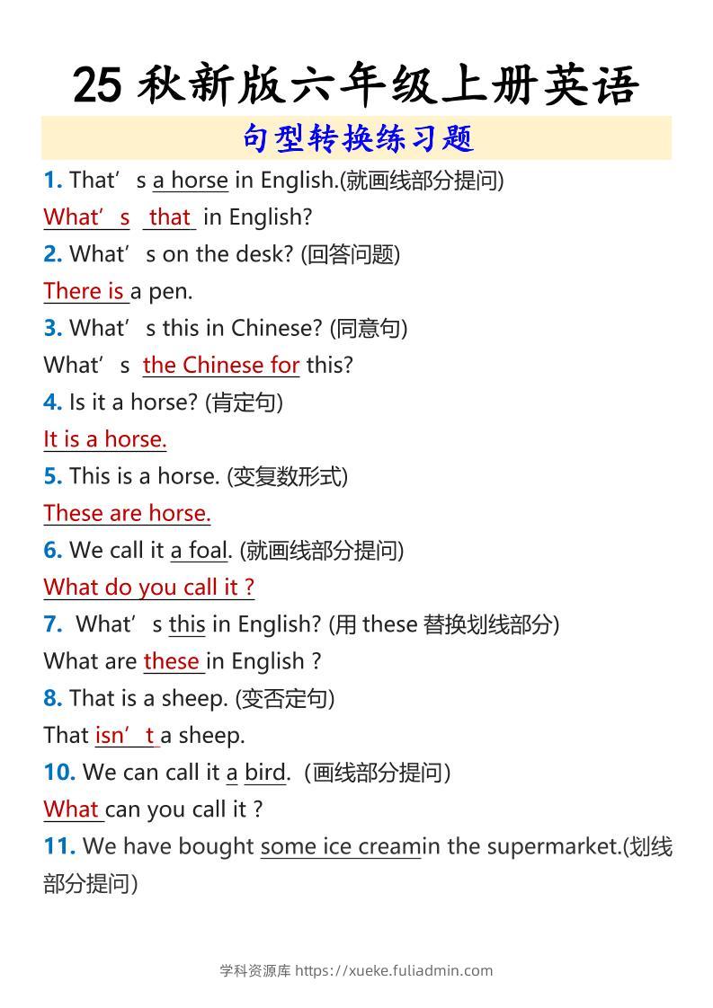 【2025秋新版】六年级上册英语句型转换练习题-学科资源库