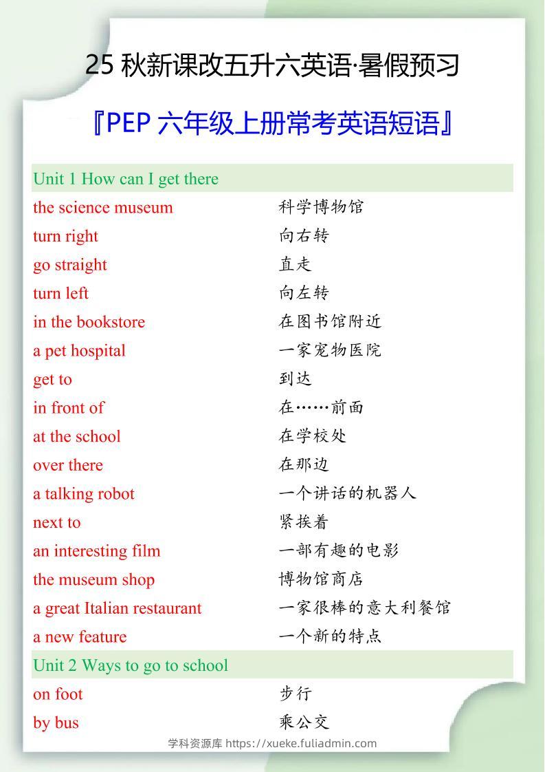 【2025秋新版】六年级上册常考英语短语-学科资源库