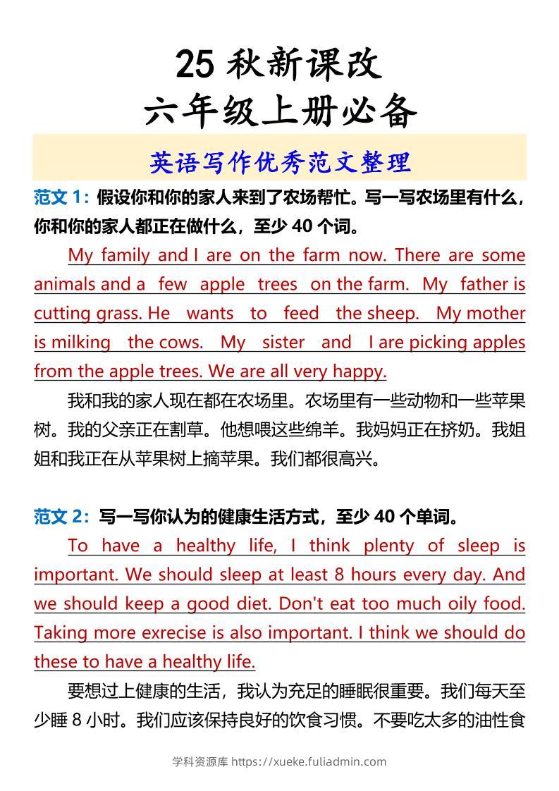 【2025秋新版】六年级上册必备英语写作优秀范文整理-学科资源库
