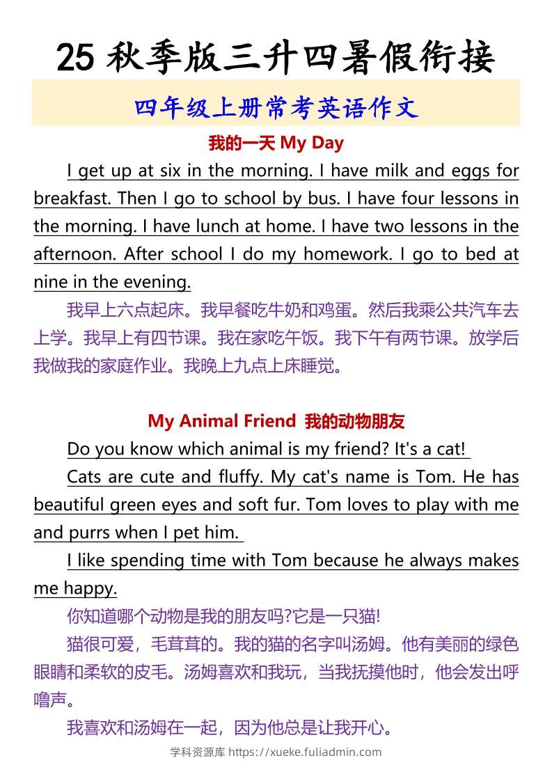 【2025秋新版】四年级上册常考英语作文-学科资源库