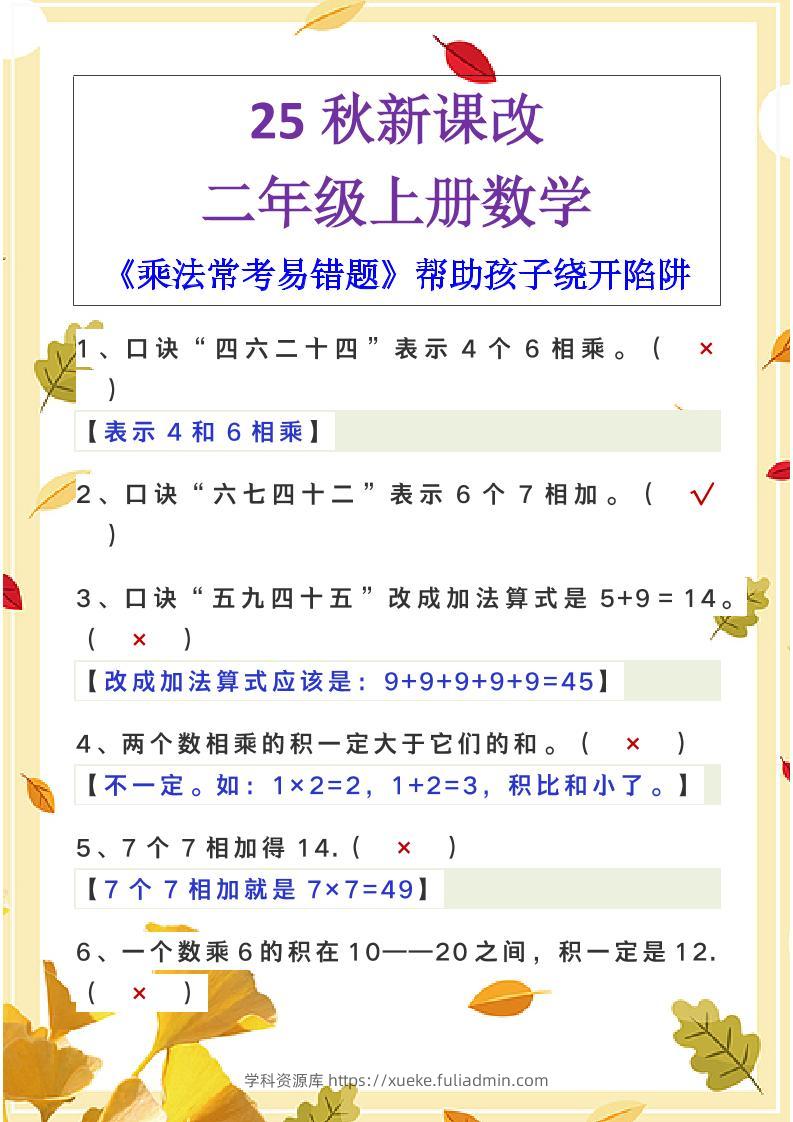 【2025秋新版】二年级上册数学《乘法常考易错题》-学科资源库