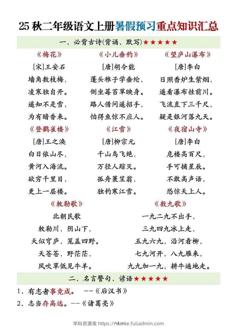 25秋二上语文暑假预习重点知识汇总20页-学科资源库
