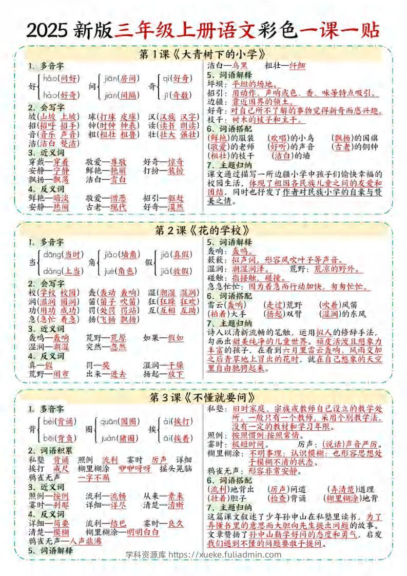 【25秋新版】三年级上语文彩色一课一贴-学科资源库