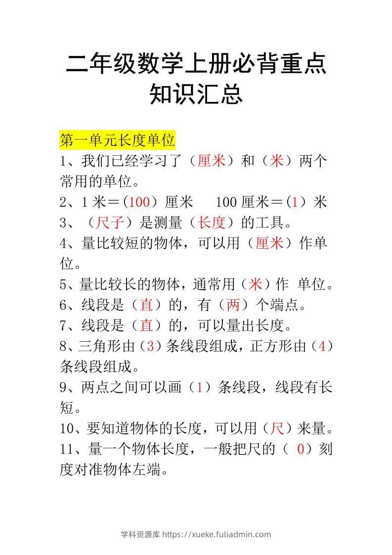 二年级上册数学必背知识汇总-学科资源库