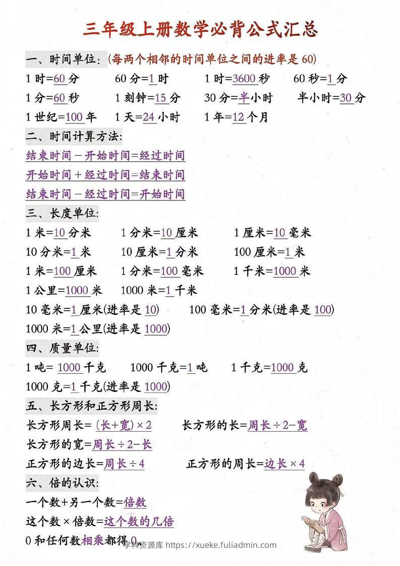 三年级上册数学必背知识汇总-学科资源库