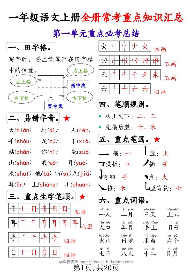 一年级语文上册全册常考重点知识汇总-学科资源库