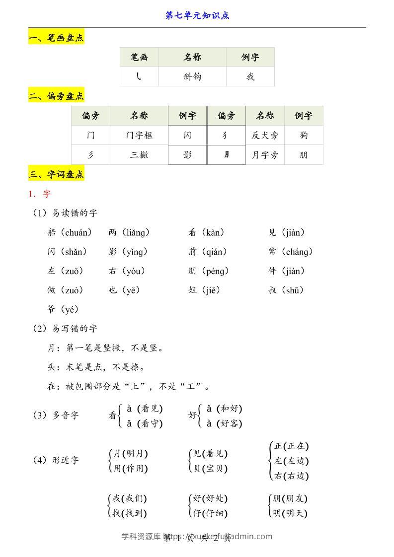 第7单元（知识点）一上语文-学科资源库