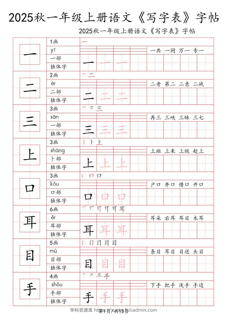 一上语文【2025秋一《写字表》一类字字帖】-学科资源库