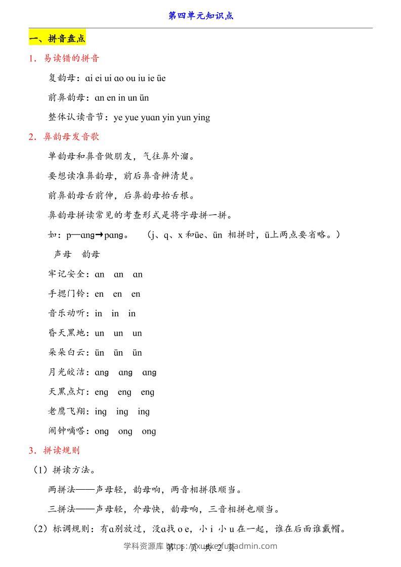 第4单元（知识点）一上语文-学科资源库