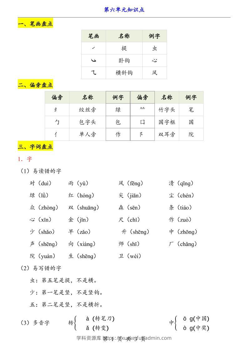 第6单元（知识点）一上语文-学科资源库