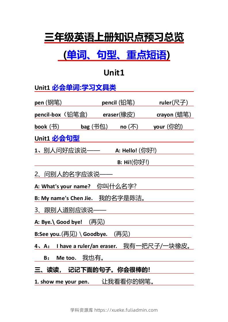 三年级上册英语必背知识点-学科资源库