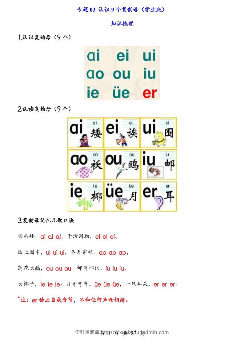 一上语文-专题03认识9个复韵母（知识+训练）-学科资源库