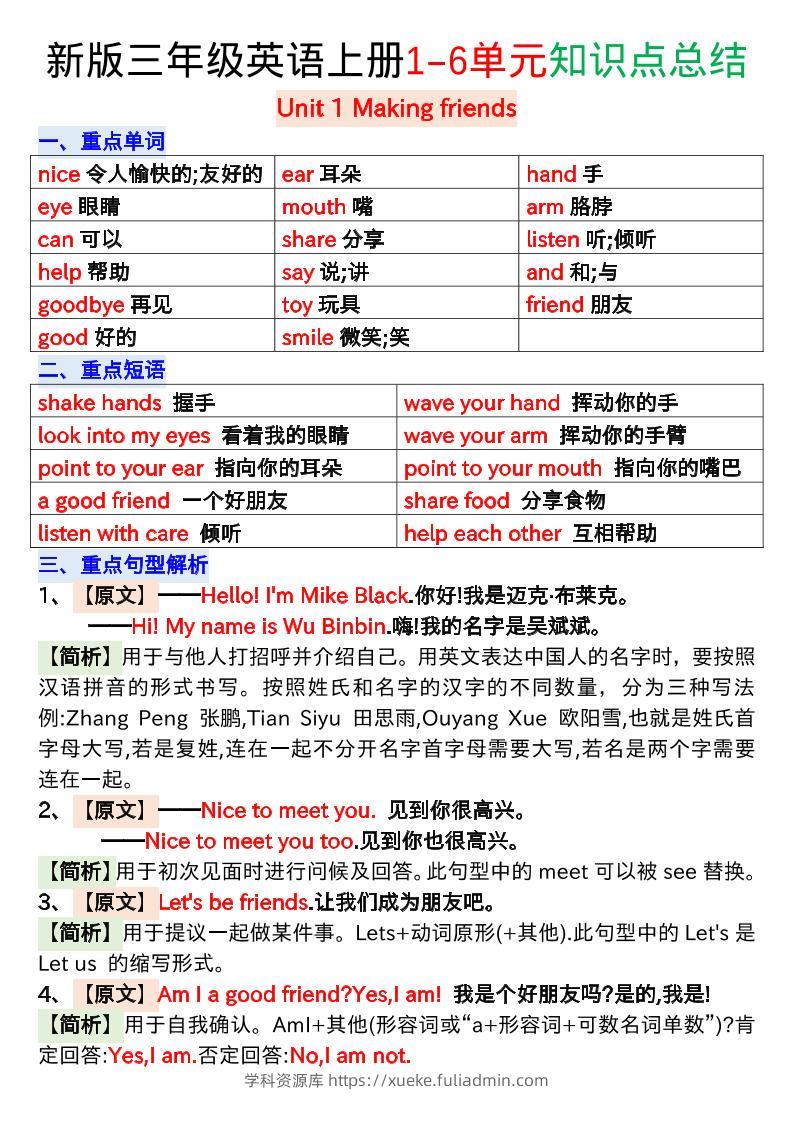 新版三年级英语上册1-6单元知识点总结-学科资源库