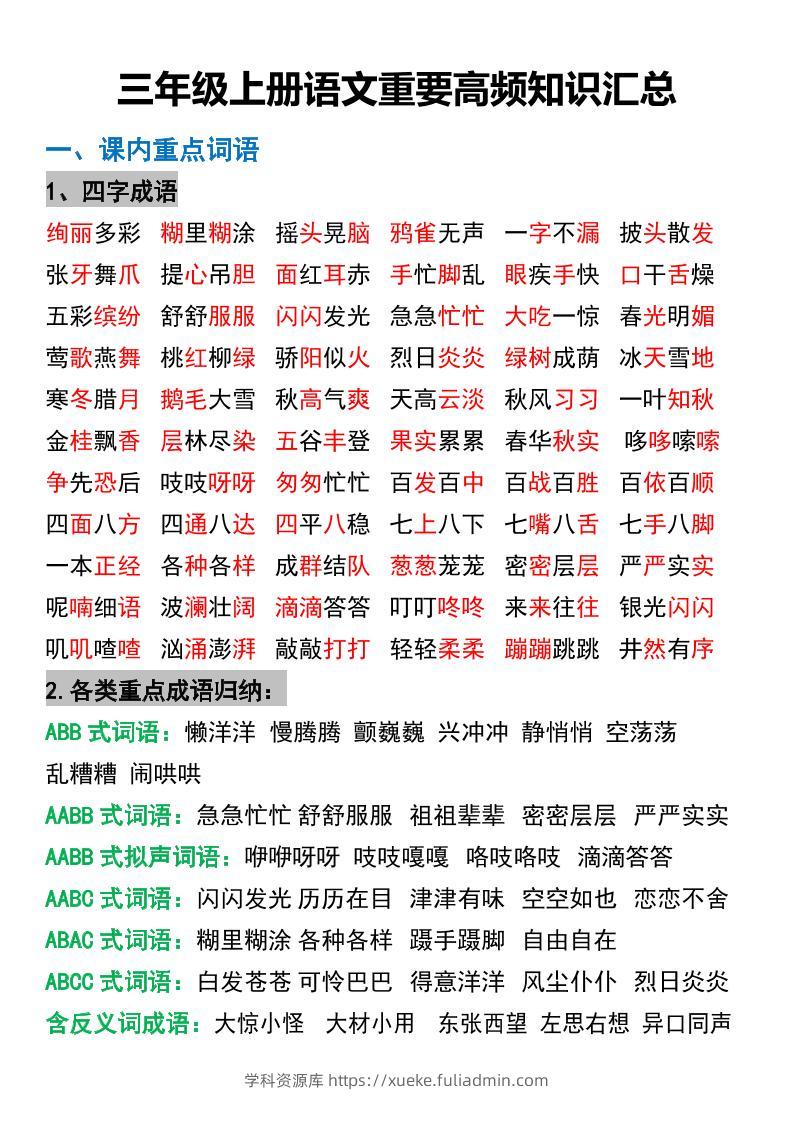 三年级上册语文重要高频知识汇总-学科资源库