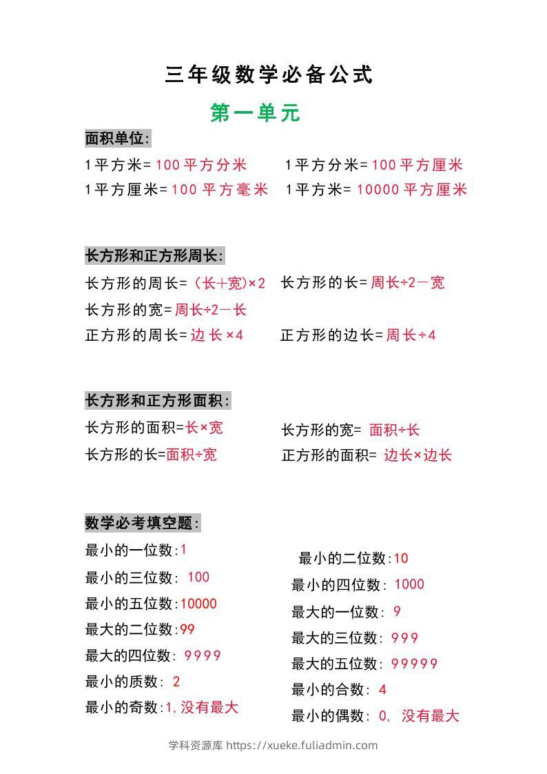 三年级数学上册必背公式-学科资源库