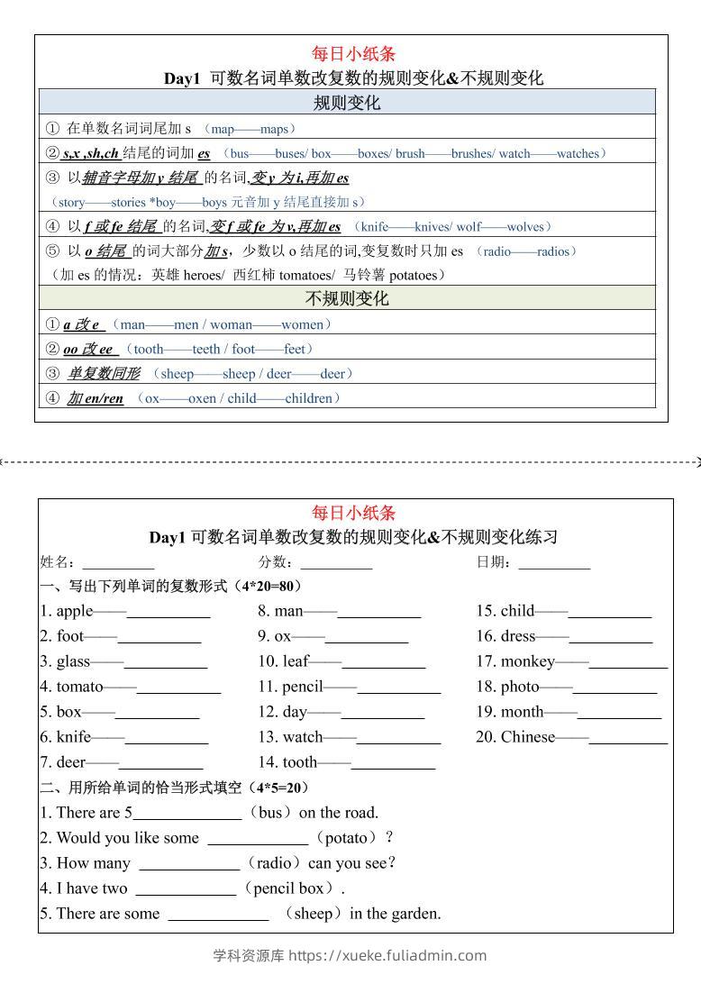 三上人教PEP版英语【语法每日小纸条】-学科资源库