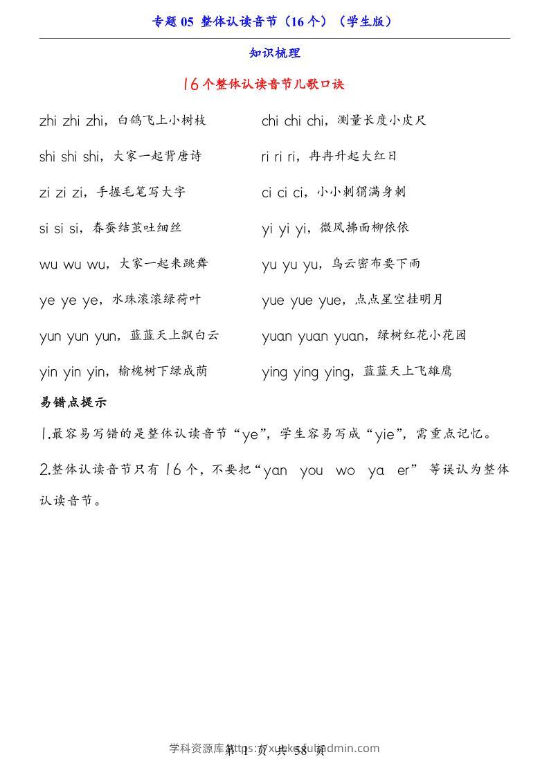 一上语文-专题05整体认读音节（16个）（知识+训练）-学科资源库
