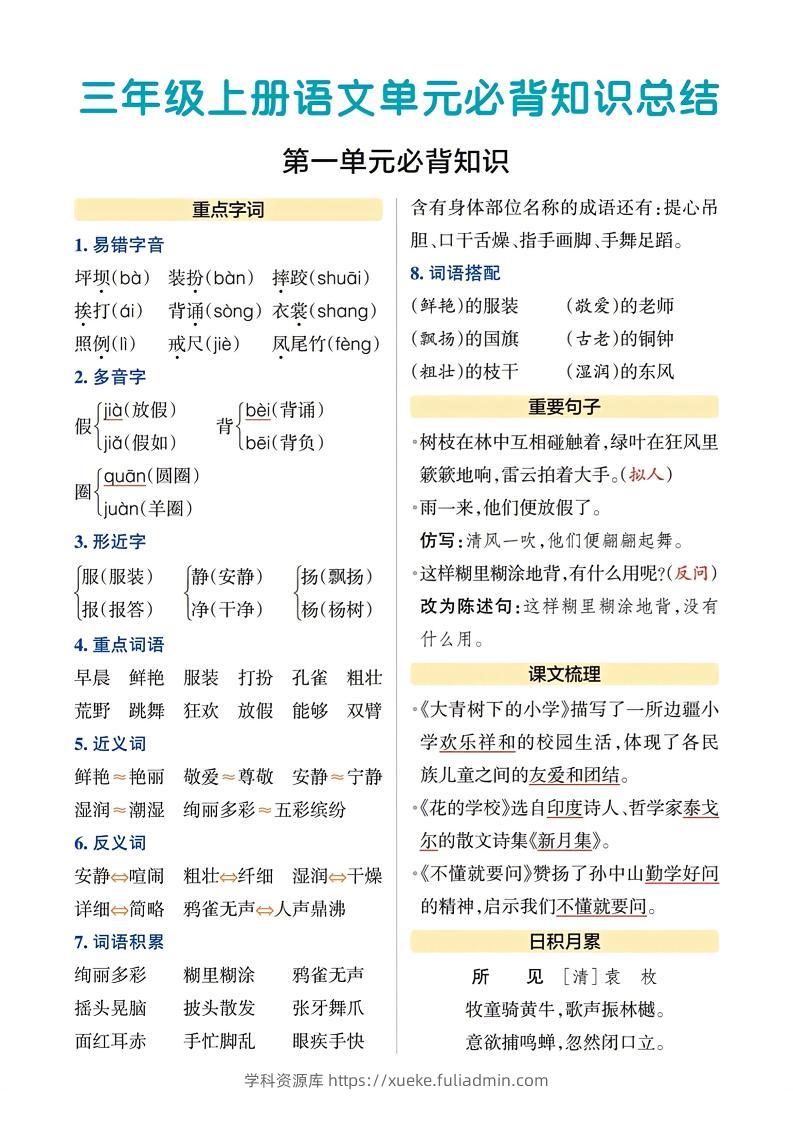 三上语文-期末各单元重点知识-学科资源库