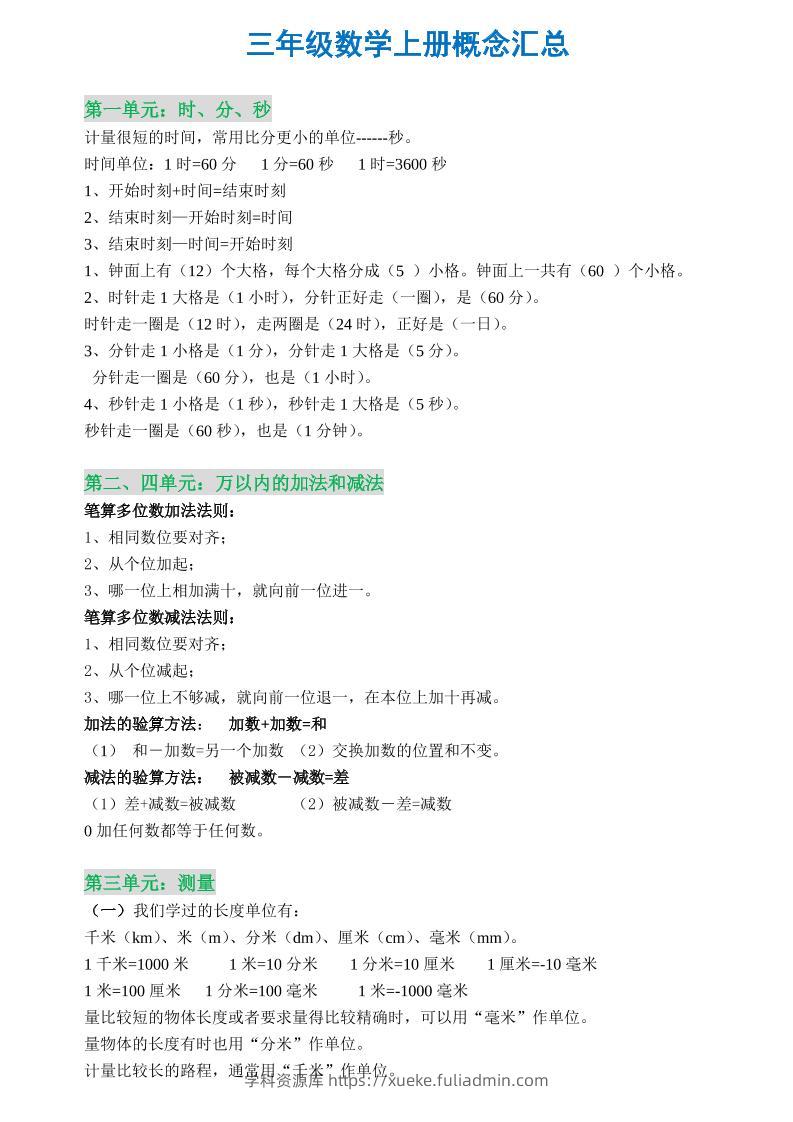 三年级数学上册概念全集-学科资源库