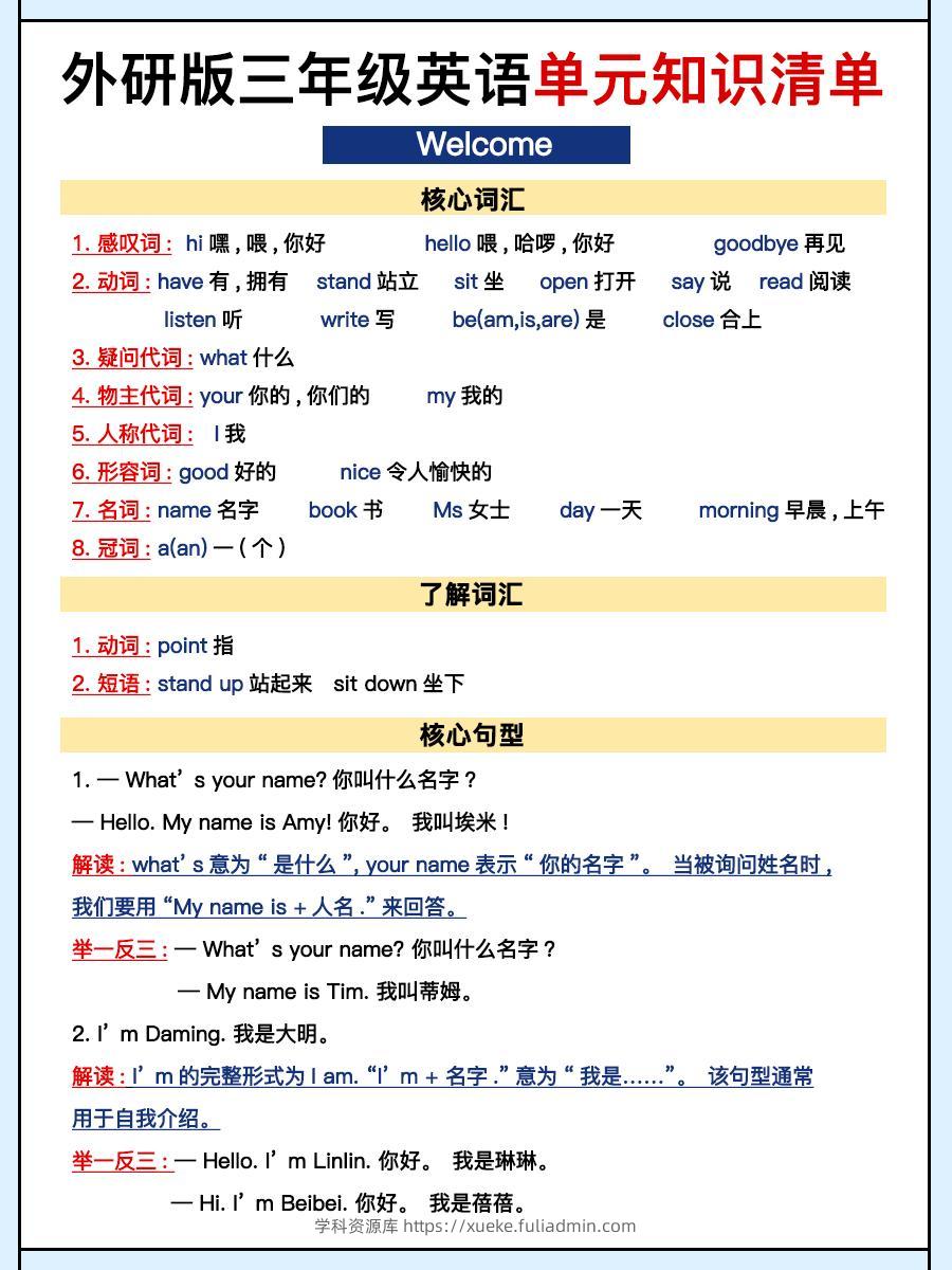 外研三上英语知识清单全-学科资源库