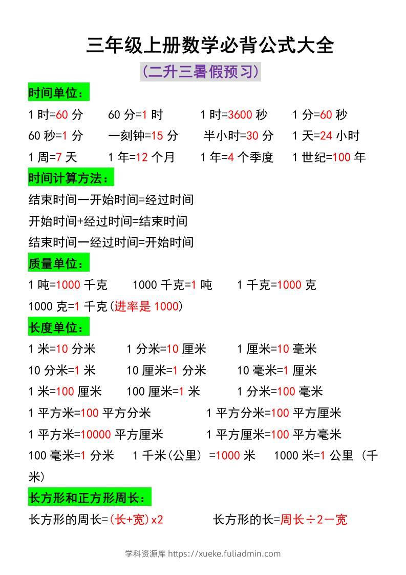 三年级上册数学必背公式大全-学科资源库