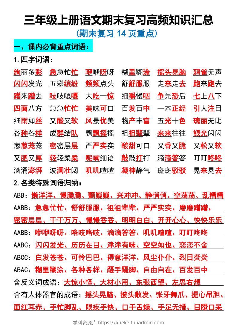 三年级上册语文期末复习高频知识汇总-学科资源库