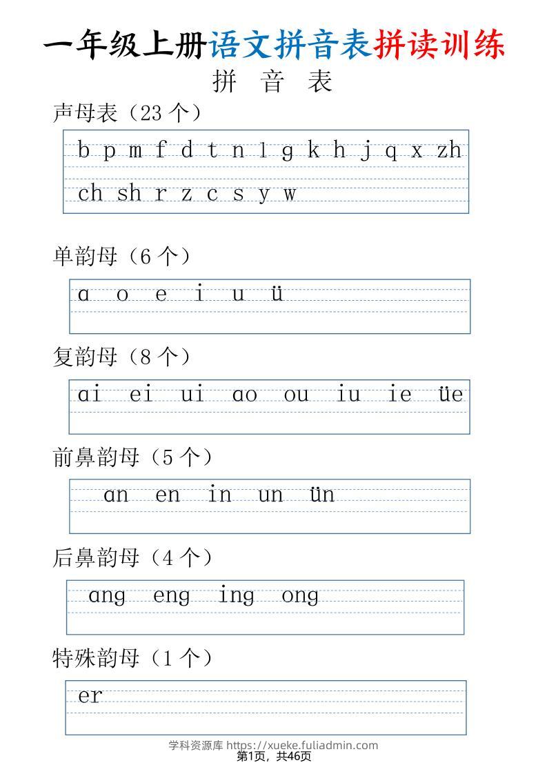 一年级上册语文拼音表拼读训练（全46页）-学科资源库