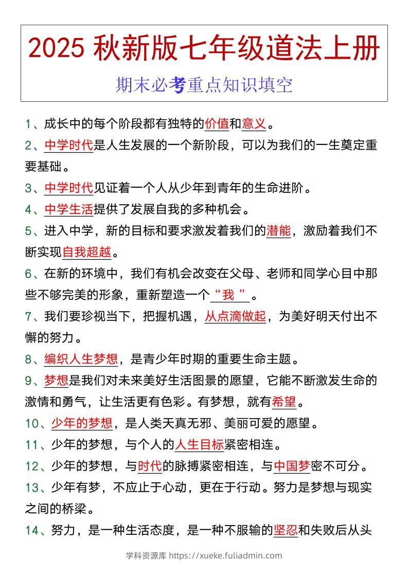 七年级道法上册期末必考重点知识填空-学科资源库