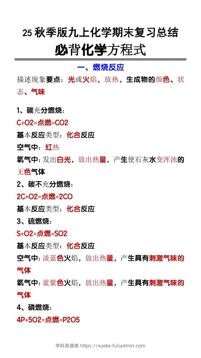 【2025秋新版】九上化学必背化学方程式-学科资源库