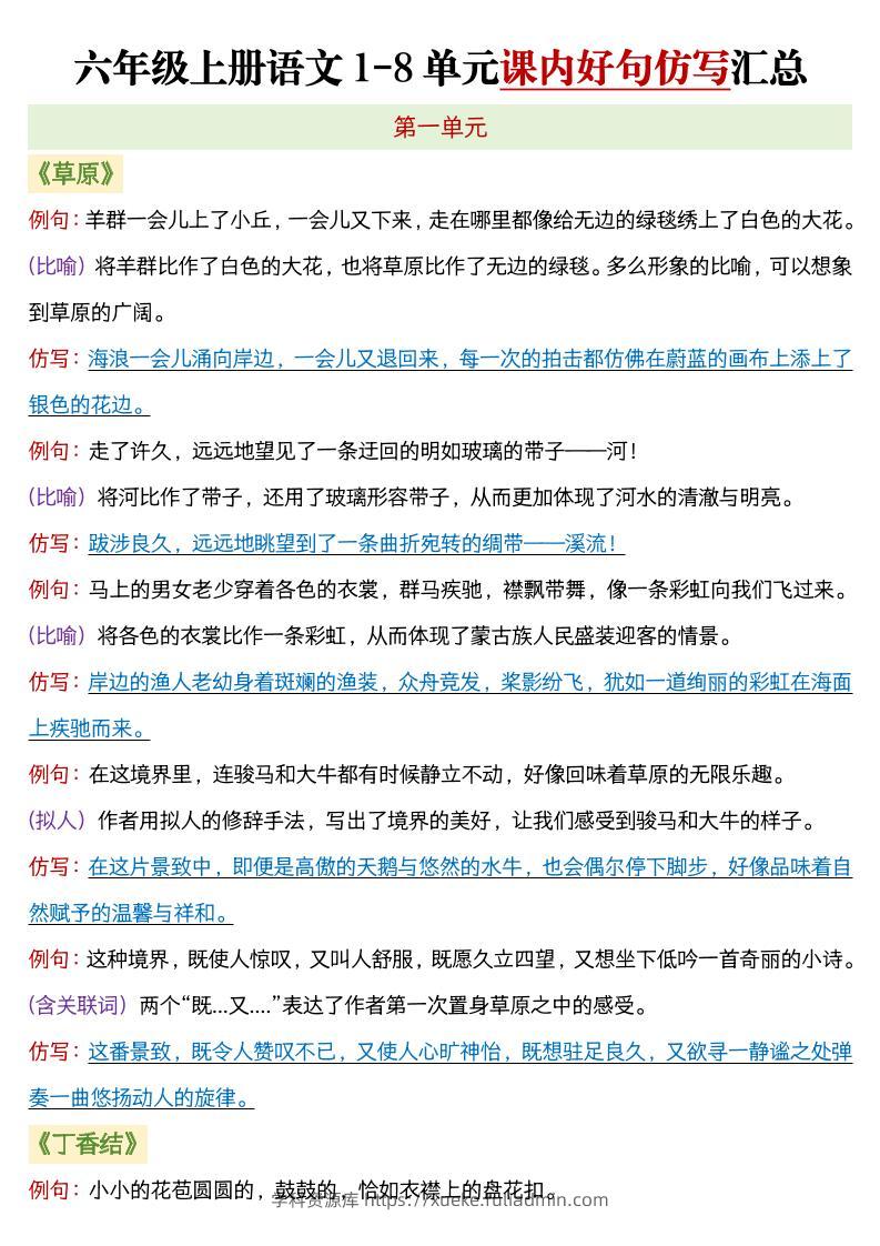 六年级上语文1-8单元课内好句仿写汇总-学科资源库