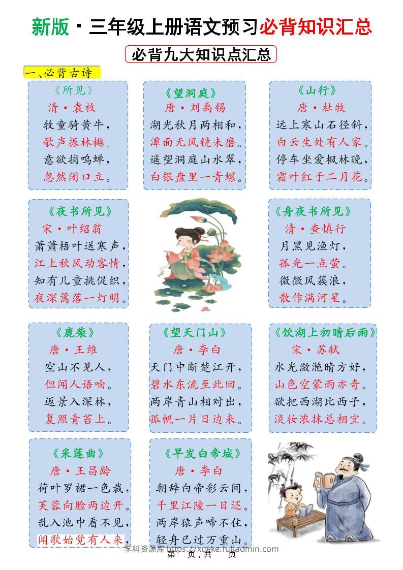 新版三上语文预习必背九大知识点汇总（15页）-学科资源库