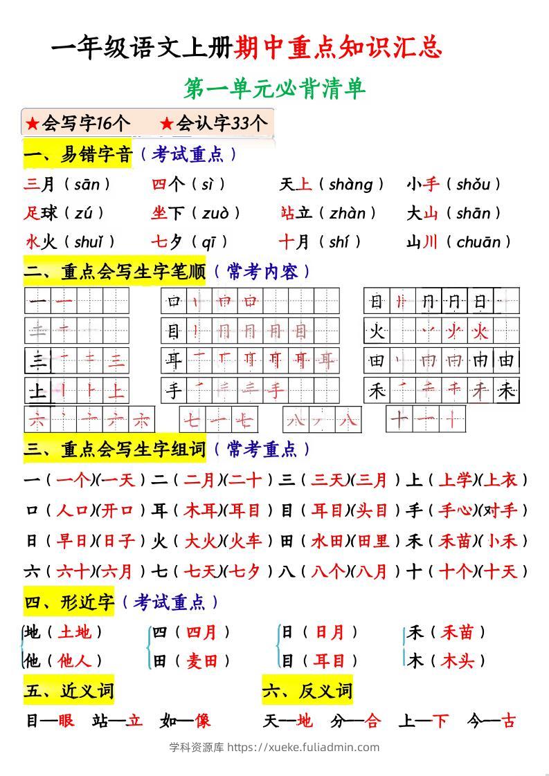 一上语文期中高频考点-学科资源库