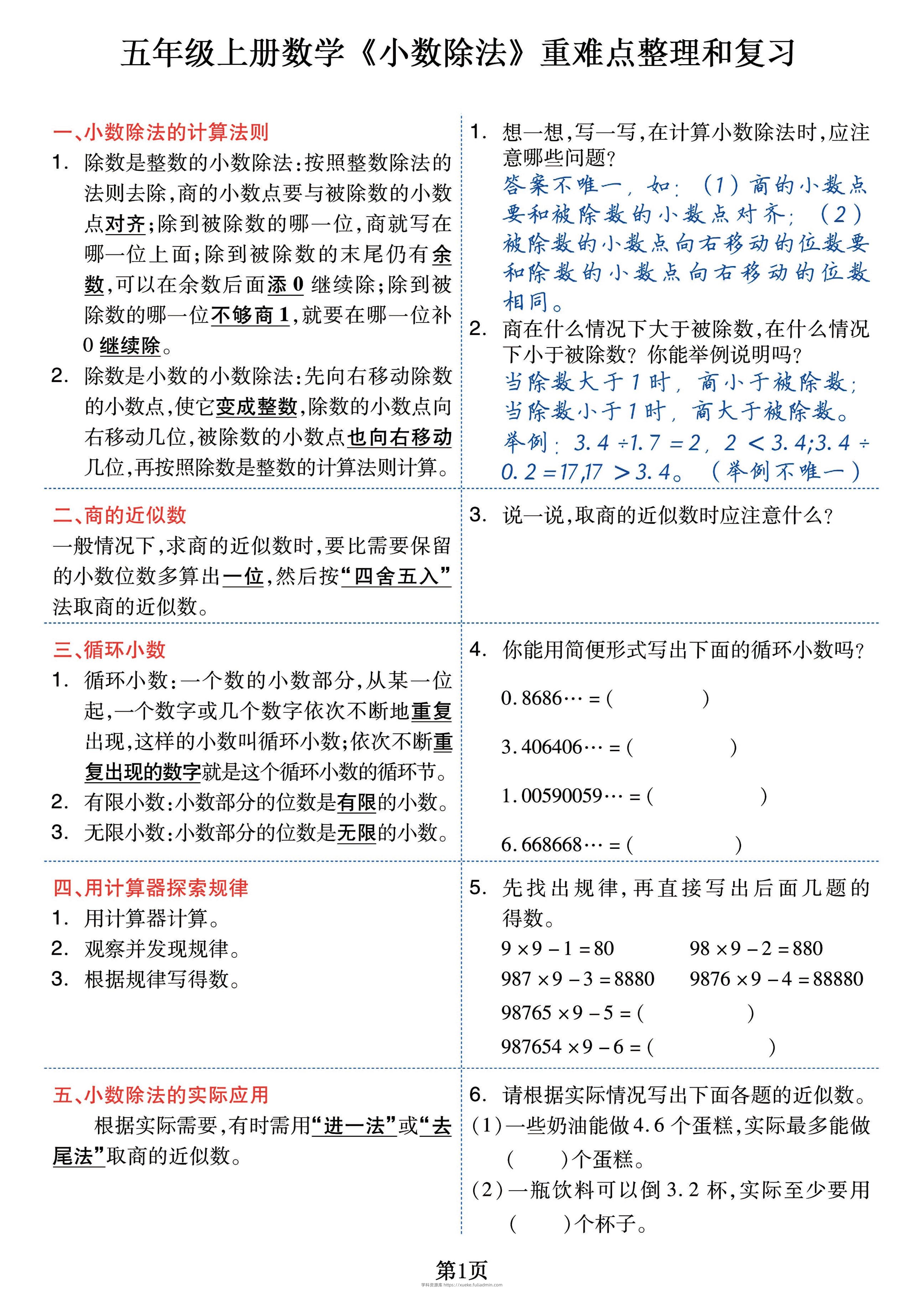 五上数学《小数除法》重难点整理+复习+突破冲刺卷，全面考察18页-学科资源库