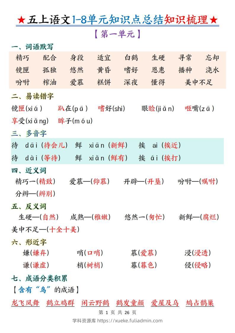 五上语文1-8单元知识点总结知识梳理26页-学科资源库