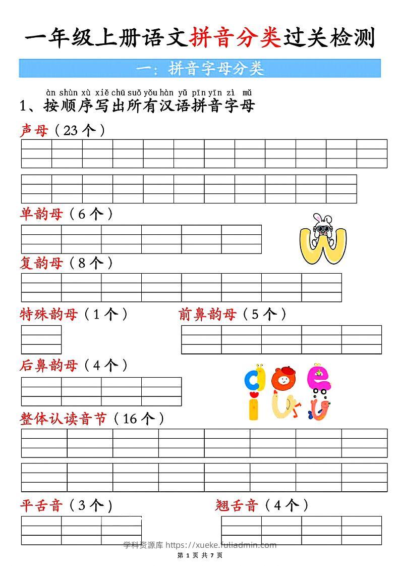 一上语文汉语拼音分类过关检测（含答案7页）-学科资源库