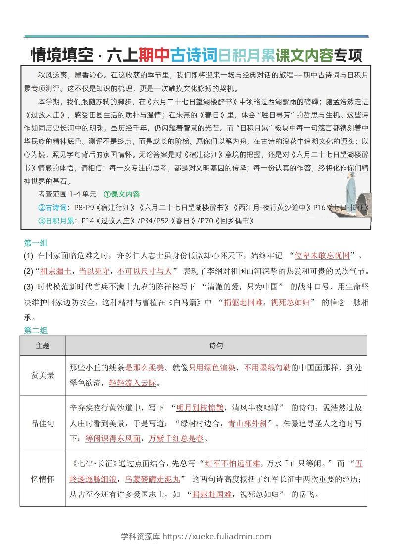 六上语文【期中情境填空·情境默写古诗词日积月累专项（答案版8页）】-学科资源库