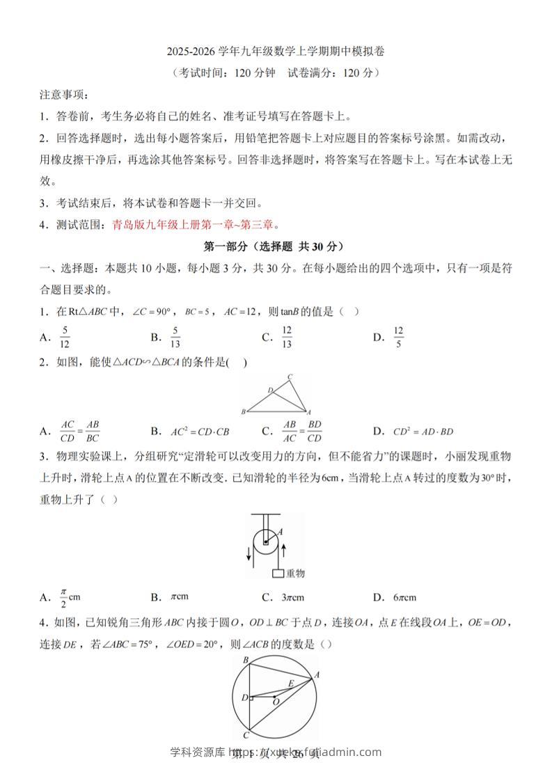 九年级上数学期中模拟卷（青岛版）-学科资源库