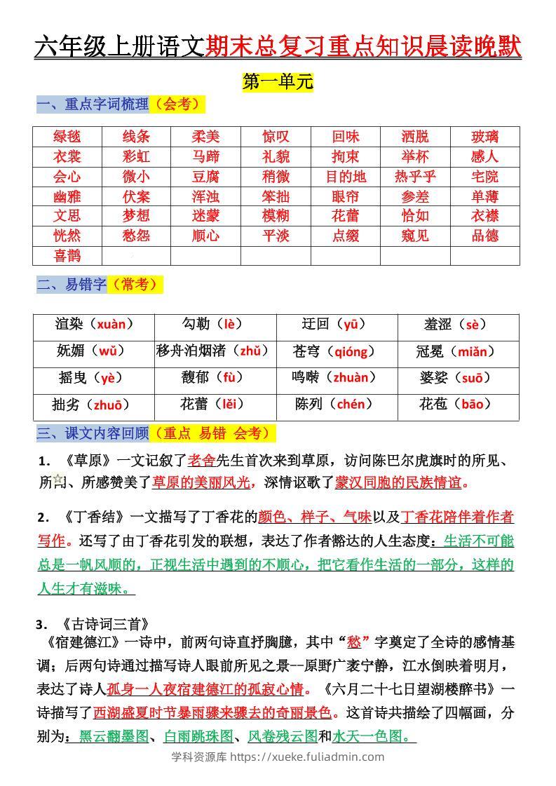 六上语文复习重点晨读单(16页)-学科资源库