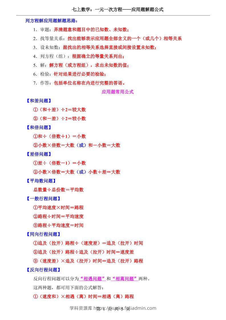 七年级上数学一元一次方程应用题解题公式（青岛版）-学科资源库