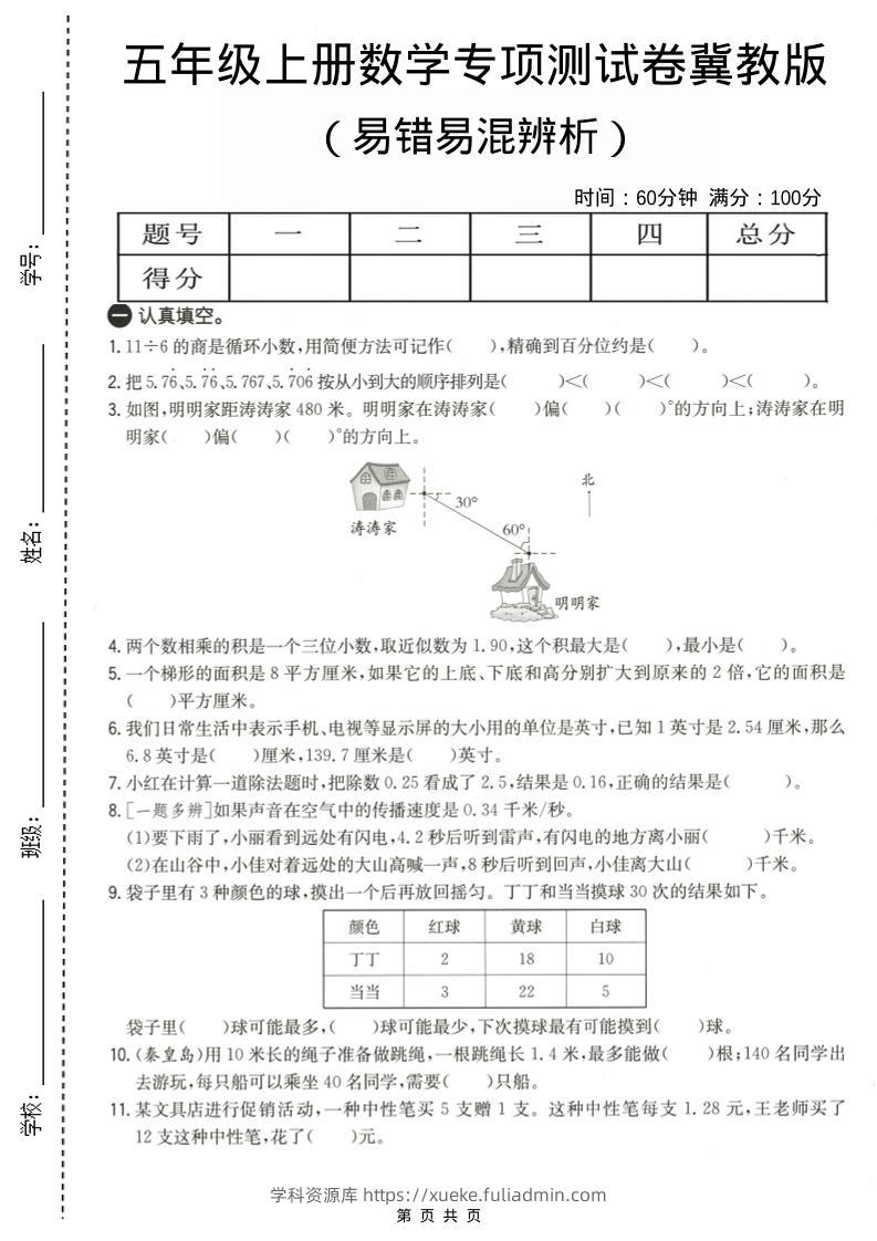 五年级上数学易错易混辩护专项测试卷《冀教版》-学科资源库