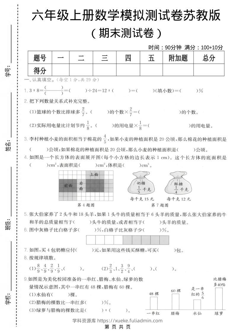 六年级上数学期末模拟测试卷8《苏教版》-学科资源库