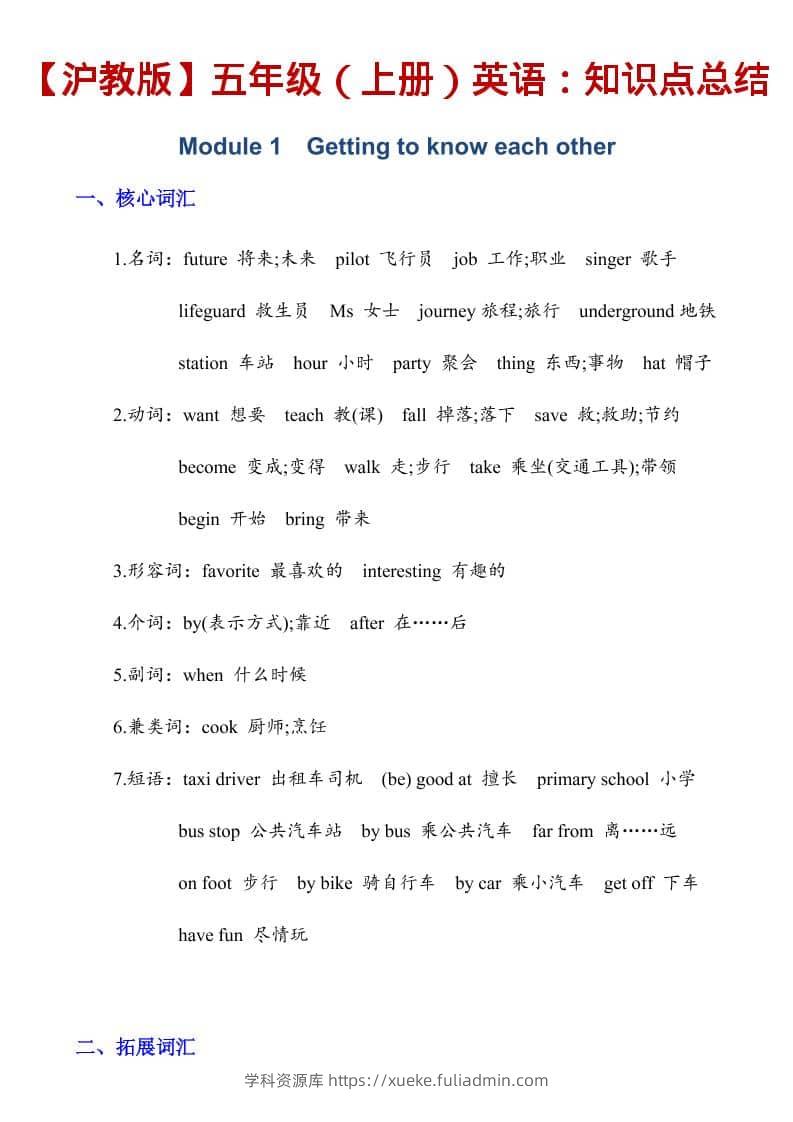 五年级上英语知识点总结《沪教版》-学科资源库