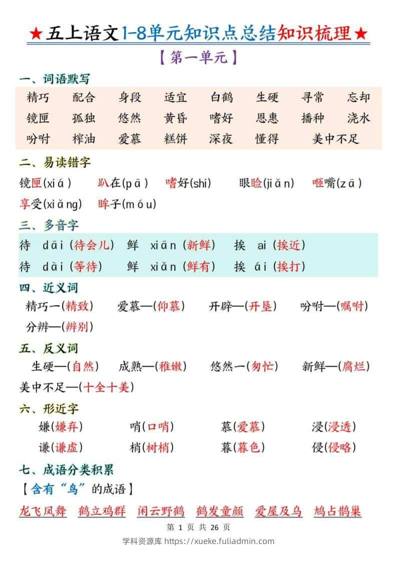 五年级上语文1-8单元知识点总结知识梳理-学科资源库