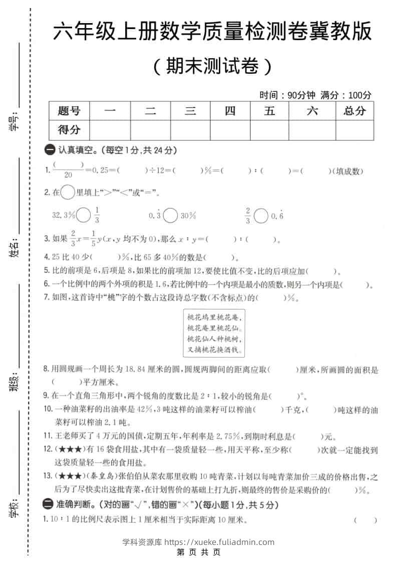 六上冀教版数学【期末测试卷1】-学科资源库