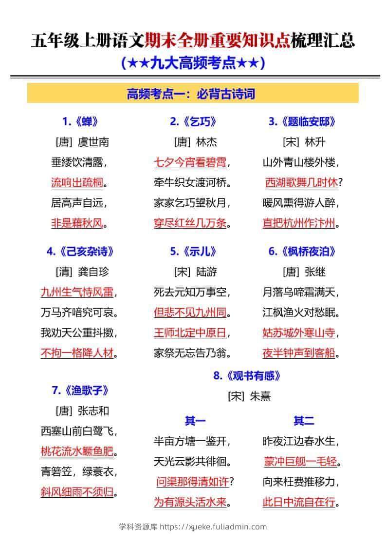 G五年级上册语文期末全册重要知识点梳理汇总-学科资源库