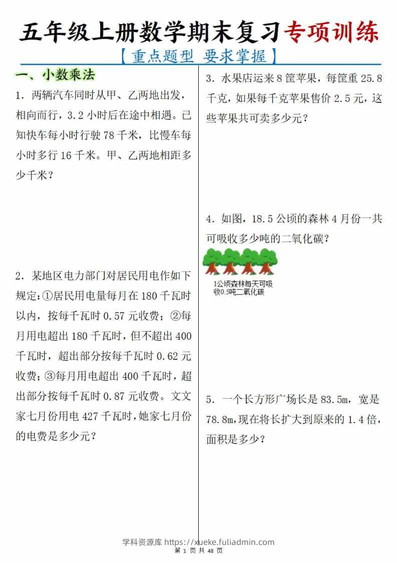 五年级上册数学期末复习专项训练-学科资源库