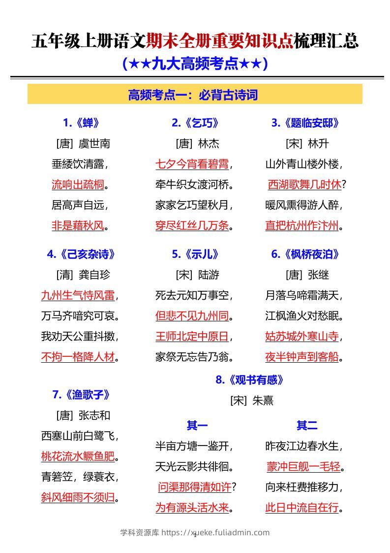 五年级上语文期末全册重要知识点梳理汇总-学科资源库