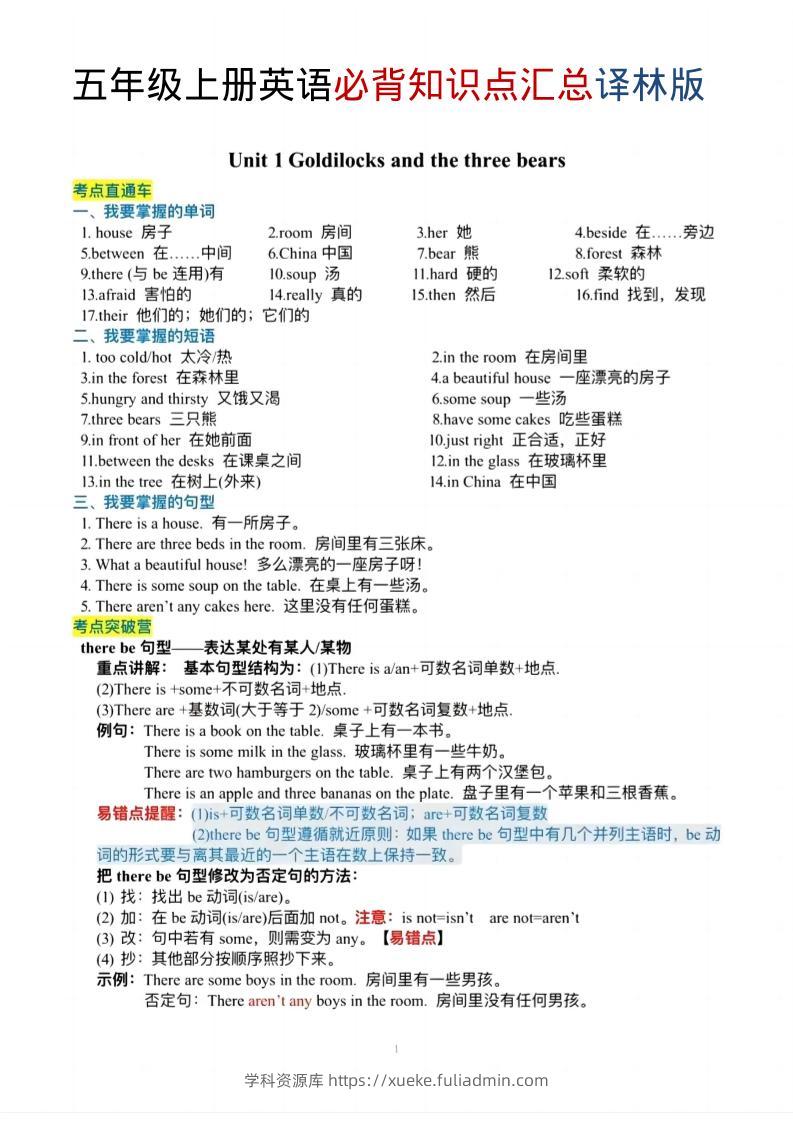 五年级上英语必背知识单《译林版》-学科资源库